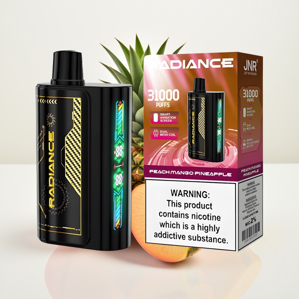 JNR Radiance 31000 Puffs Vape Desechable DURAZNO MANGO PIÑA Pantalla Inteligente