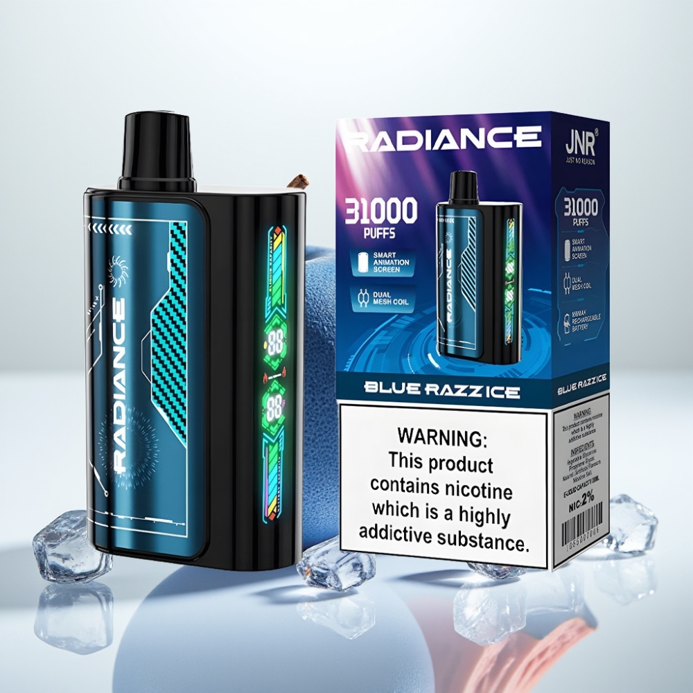 JNR Radiance 31000 Puffs Vape Recargable con Sabor FRAMBUESA AZUL HELADA Pantalla Animada y Doble Bobina Mesh