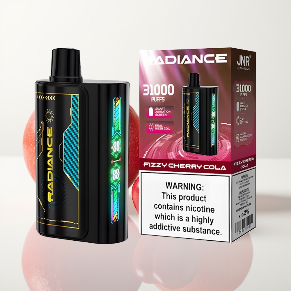 JNR Radiance 31000 Puffs Vape Recargable con Sabor a CEREZA COLA Efervescente y Pantalla Inteligente