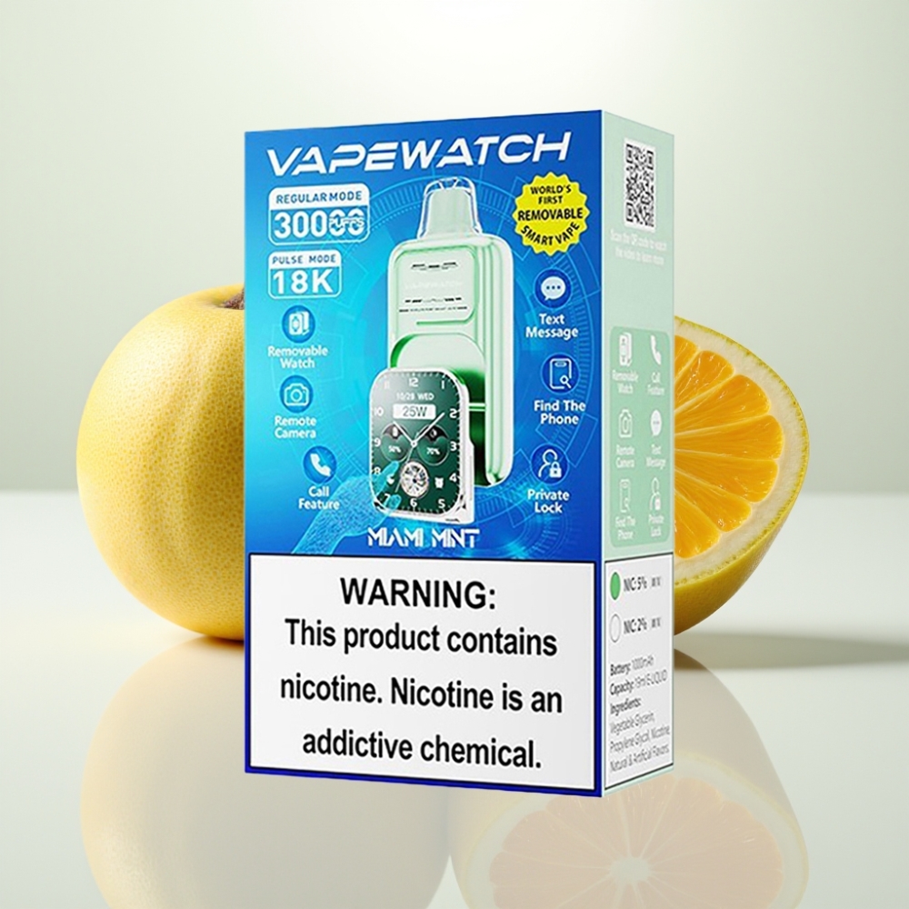 JNR VapeWatch 30000 Puffs Miami Menta - 19mL 5 Nicotina Carga Rápida Tipo-C