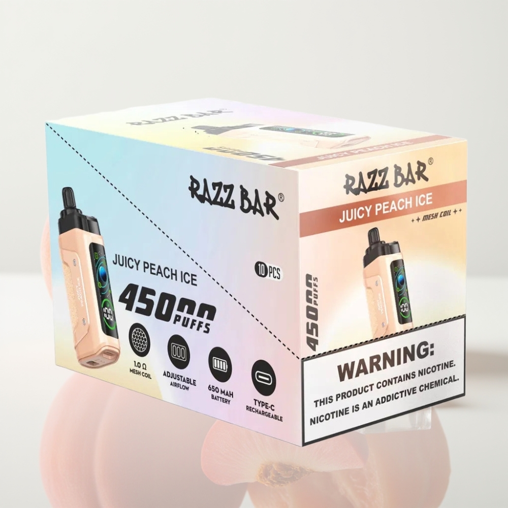 Razz Bar 45000 Puffs Vape Desechable Melocotón Jugoso y Hielo con Bobina Mesh 10 Ohm