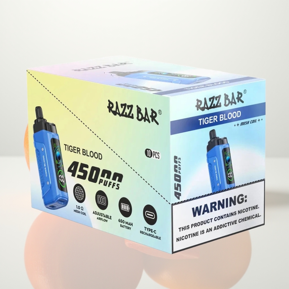 Razz Bar 45000 Puffs Vape Desechable Tipo-C con Sabor Sangre de Tigre y Flujo de Aire Ajustable