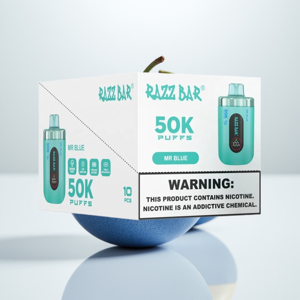 Razz Bar 50K Puffs Vape Recargable Mr Azul – 2 Nicotina Bobina Mesh 10 Ohm