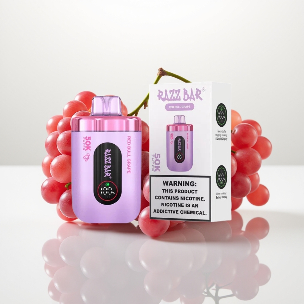 Razz Bar 50K Puffs Vape Recargable Tipo C Uva Red Bull y Malla 10 Ohm
