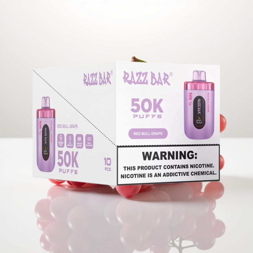 Razz Bar 50K Puffs Vape Recargable Tipo C Uva Red Bull y Malla 10 Ohm